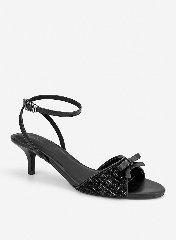 Giày sandals phối vải tweed đính nơ trang trí - SDN 0847 - Màu đen - VASCARA