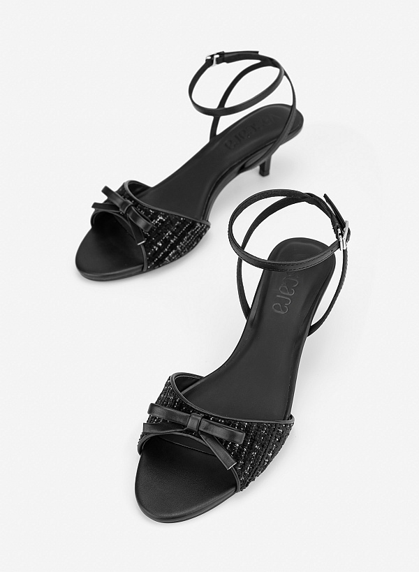 Giày sandals phối vải tweed đính nơ trang trí - SDN 0847 - Màu đen - VASCARA