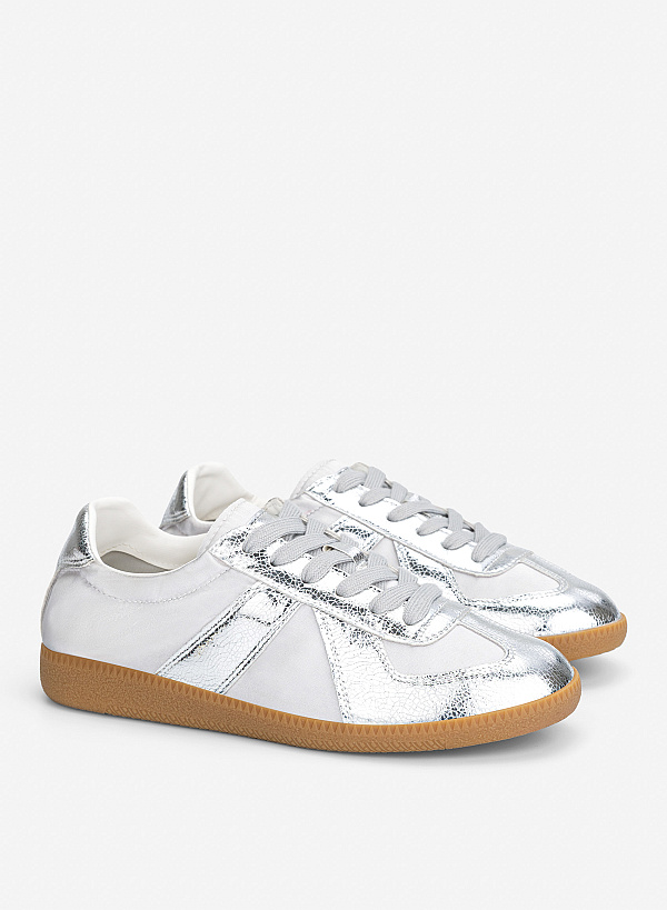 Giày sneaker da thật phối ánh bạc - SNK 0085 - Màu bạc - VASCARA
