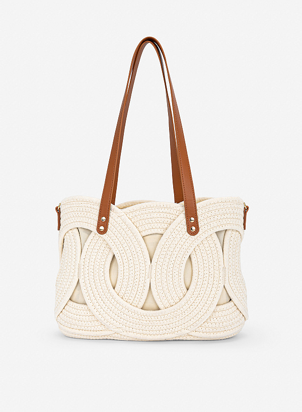 Túi tote woven drawstring phối da thanh lịch