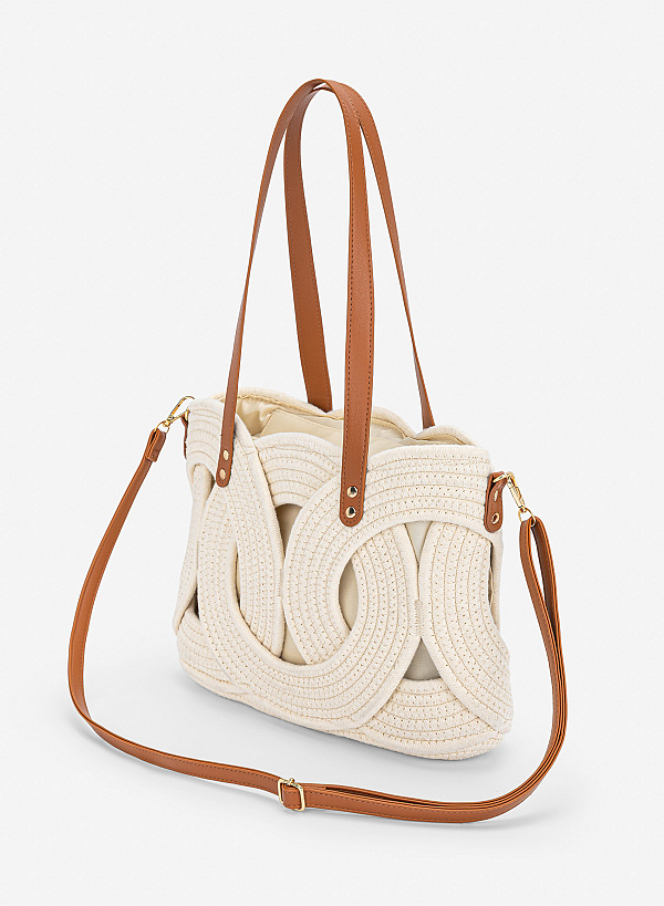Túi tote woven drawstring phối da thanh lịch - TOT 0235 - Màu kem - VASCARA
