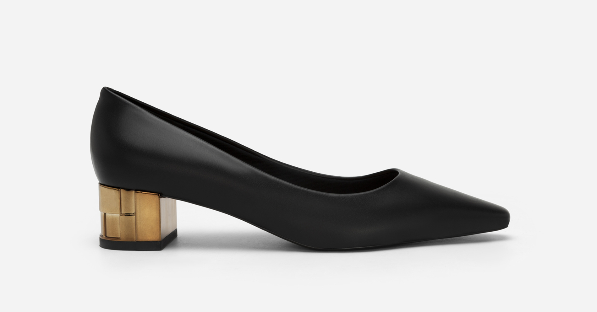 Geometric Carved Block Heel Pointed Toe Pumps - HIG 0545 - Black | VASCARA